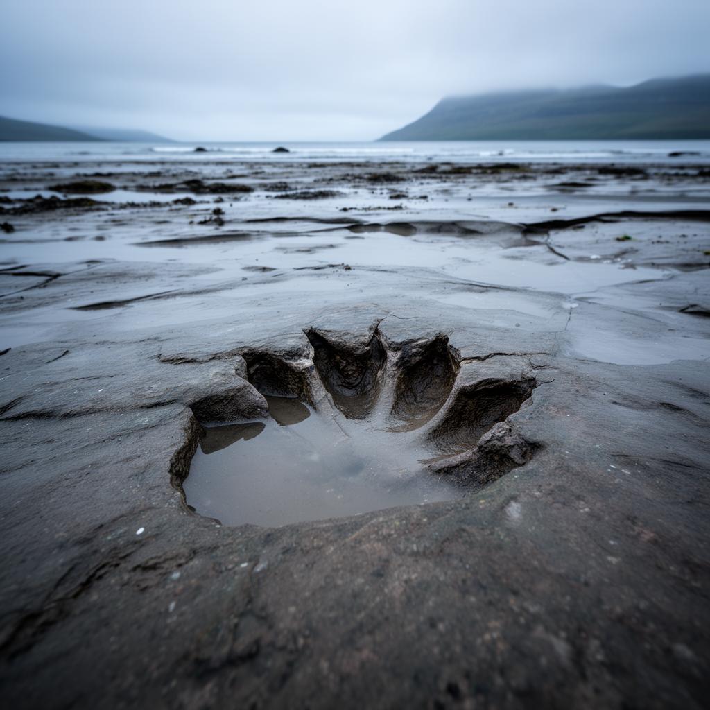 A fossilised dinosaur footprint at low tide on Skye